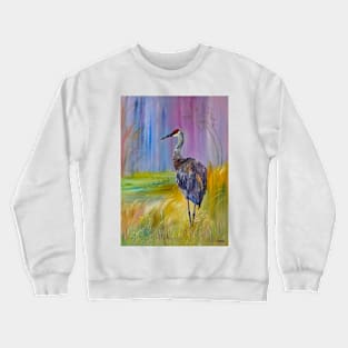 Crane in a violet forest Crewneck Sweatshirt